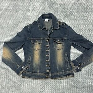 Finesse Jean Jacket Girls M 10-12 Distressed‎ Blue Denim Fading Casual Button Up
